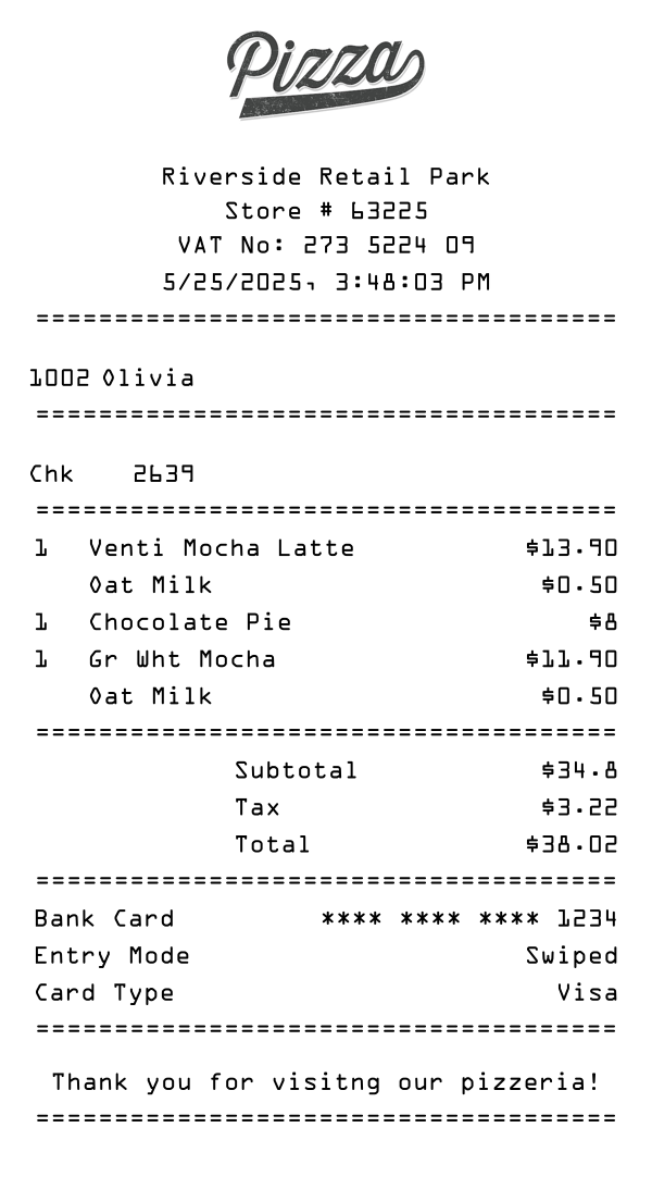 Riverside Retail Park receipt example with 1 Venti Mocha Latte, 1 Chocolate Pie, 1 Gr Wht Mocha at Riverside Retail Park free generator